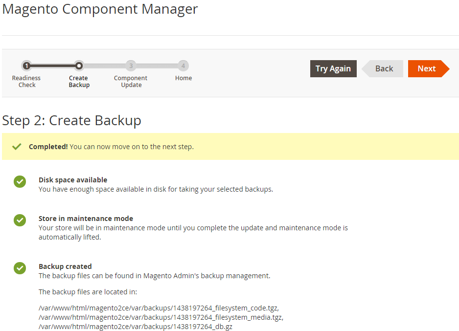 A page displays to confirm your backup was a success